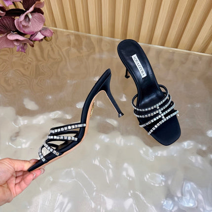 AQUAZZURA 26S CRYSTAL HIGH-HEEL SLIDES 85 MM IN BLACK SATIN