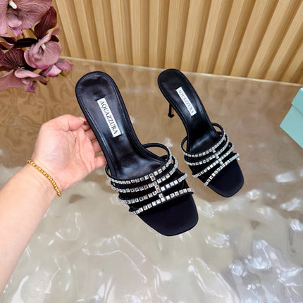 AQUAZZURA 26S CRYSTAL HIGH-HEEL SLIDES 85 MM IN BLACK SATIN