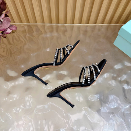 AQUAZZURA 26S CRYSTAL HIGH-HEEL SLIDES 85 MM IN BLACK SATIN