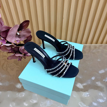 AQUAZZURA 26S CRYSTAL HIGH-HEEL SLIDES 85 MM IN BLACK SATIN
