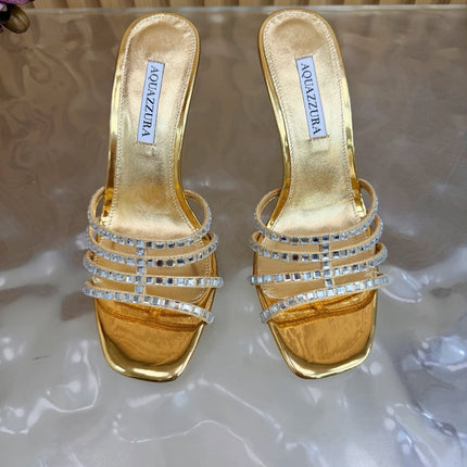 AQUAZZURA 26S CRYSTAL HIGH-HEEL SLIDES 85 MM IN GOLD CALFSKIN