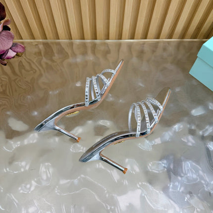 AQUAZZURA 26S CRYSTAL HIGH-HEEL SLIDES 85 MM IN SILVER CALFSKIN