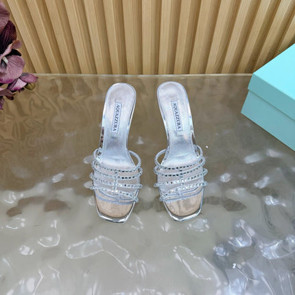 AQUAZZURA 26S CRYSTAL HIGH-HEEL SLIDES 85 MM IN SILVER CALFSKIN