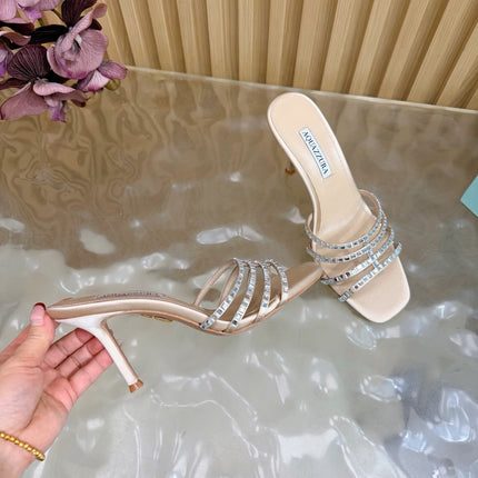 AQUAZZURA 26S CRYSTAL HIGH-HEEL SLIDES 85 MM IN BEIGE SATIN