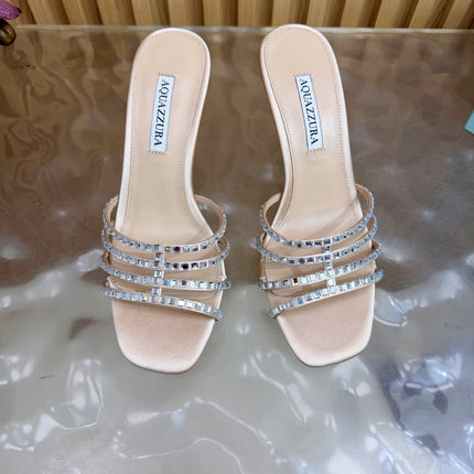 AQUAZZURA 26S CRYSTAL HIGH-HEEL SLIDES 85 MM IN BEIGE SATIN