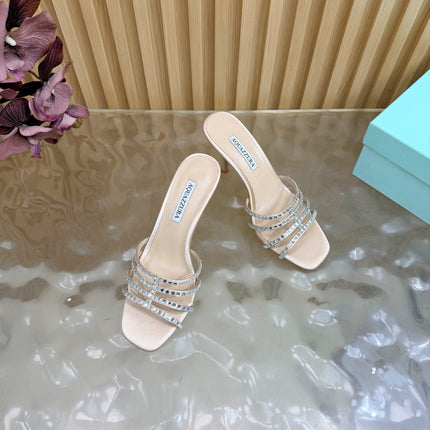 AQUAZZURA 26S CRYSTAL HIGH-HEEL SLIDES 85 MM IN BEIGE SATIN