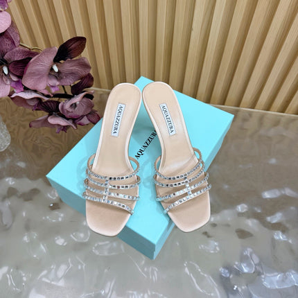 AQUAZZURA 26S CRYSTAL HIGH-HEEL SLIDES 85 MM IN BEIGE SATIN
