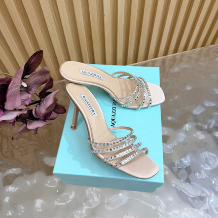 AQUAZZURA 26S CRYSTAL HIGH-HEEL SLIDES 85 MM IN BEIGE SATIN