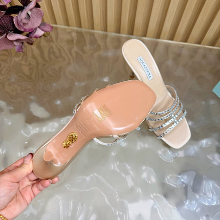 AQUAZZURA 26S CRYSTAL HIGH-HEEL SLIDES 85 MM IN BEIGE SATIN