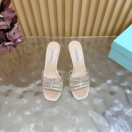 AQUAZZURA 26S CRYSTAL HIGH-HEEL SLIDES 85 MM IN BEIGE SATIN
