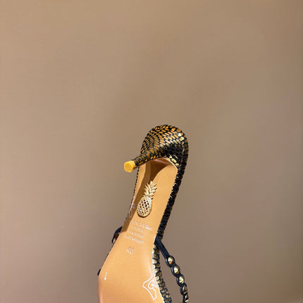 AQUAZZURA 26S HIGH-HEEL SANDALS 70 MM IN BLACK AND GOLD CALFSKIN