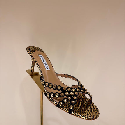AQUAZZURA 26S HIGH-HEEL SANDALS 70 MM IN BLACK AND GOLD CALFSKIN
