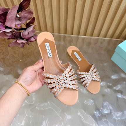 AQUAZZURA 26S SLIDES IN NUDE CALFSKIN CRYSTAL-EMBELLISHED STRAPS