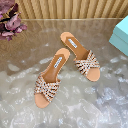 AQUAZZURA 26S SLIDES IN NUDE CALFSKIN CRYSTAL-EMBELLISHED STRAPS