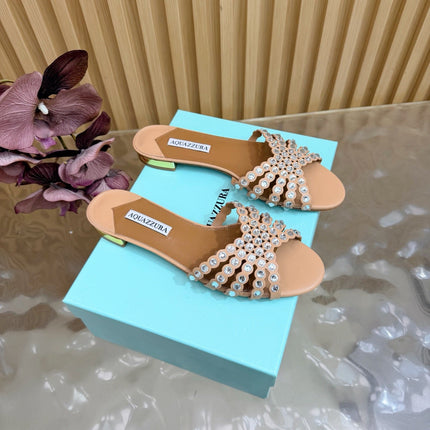 AQUAZZURA 26S SLIDES IN NUDE CALFSKIN CRYSTAL-EMBELLISHED STRAPS