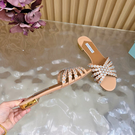 AQUAZZURA 26S SLIDES IN NUDE CALFSKIN CRYSTAL-EMBELLISHED STRAPS