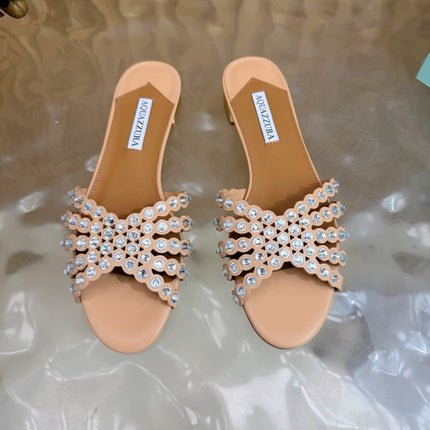 AQUAZZURA 26S SLIDES IN NUDE CALFSKIN CRYSTAL-EMBELLISHED STRAPS