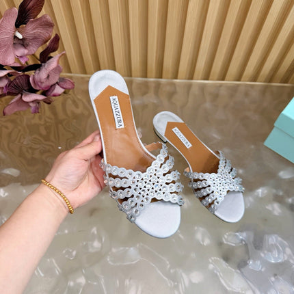 AQUAZZURA 26S SLIDES IN SILVER CALFSKIN CRYSTAL-EMBELLISHED STRAPS