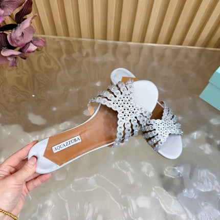 AQUAZZURA 26S SLIDES IN SILVER CALFSKIN CRYSTAL-EMBELLISHED STRAPS