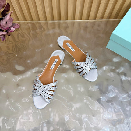 AQUAZZURA 26S SLIDES IN SILVER CALFSKIN CRYSTAL-EMBELLISHED STRAPS