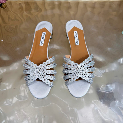 AQUAZZURA 26S SLIDES IN SILVER CALFSKIN CRYSTAL-EMBELLISHED STRAPS