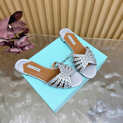 AQUAZZURA 26S SLIDES IN SILVER CALFSKIN CRYSTAL-EMBELLISHED STRAPS