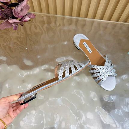 AQUAZZURA 26S SLIDES IN SILVER CALFSKIN CRYSTAL-EMBELLISHED STRAPS