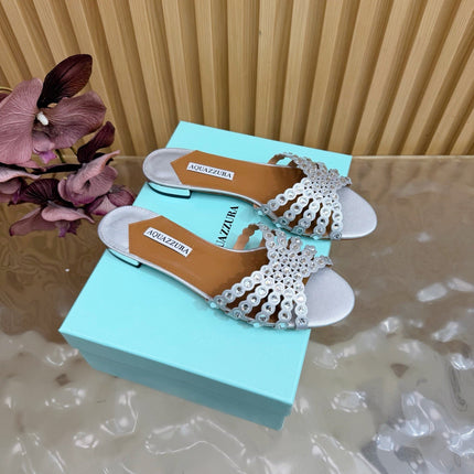 AQUAZZURA 26S SLIDES IN SILVER CALFSKIN CRYSTAL-EMBELLISHED STRAPS