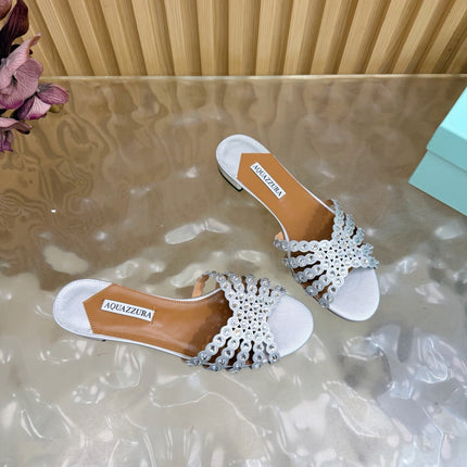 AQUAZZURA 26S SLIDES IN SILVER CALFSKIN CRYSTAL-EMBELLISHED STRAPS