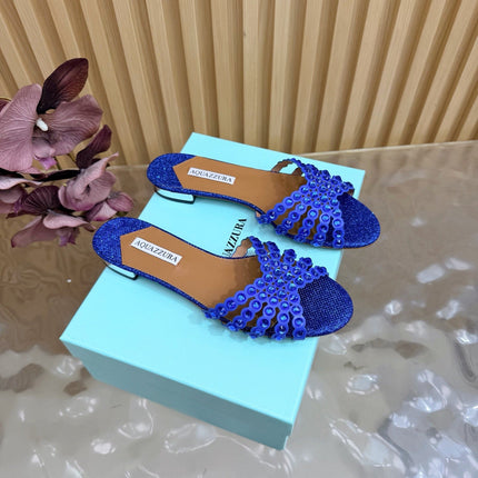 AQUAZZURA 26S SLIDES IN NAVY BLUE LUREX FABRIC