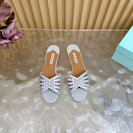 AQUAZZURA 26S SLIDES IN SILVER LUREX FABRIC