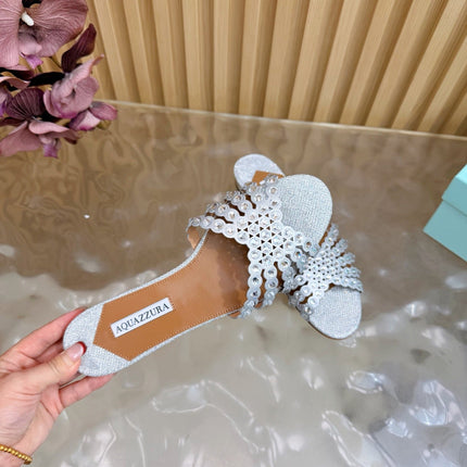 AQUAZZURA 26S SLIDES IN SILVER LUREX FABRIC