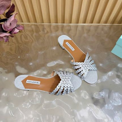 AQUAZZURA 26S SLIDES IN SILVER LUREX FABRIC