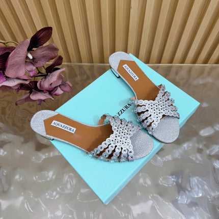 AQUAZZURA 26S SLIDES IN SILVER LUREX FABRIC