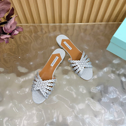 AQUAZZURA 26S SLIDES IN SILVER LUREX FABRIC