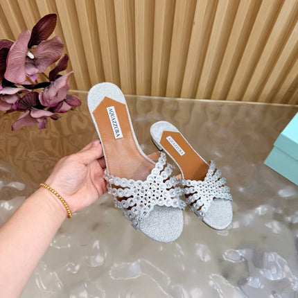 AQUAZZURA 26S SLIDES IN SILVER LUREX FABRIC