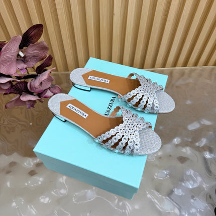 AQUAZZURA 26S SLIDES IN SILVER LUREX FABRIC