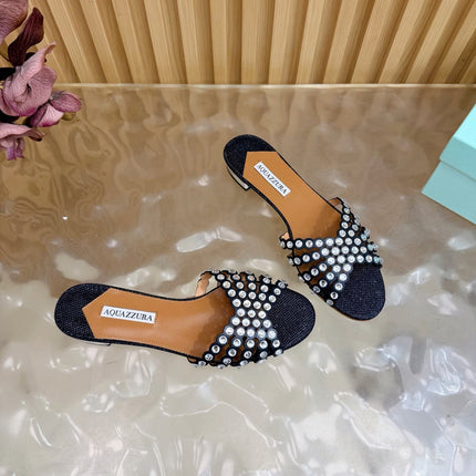 AQUAZZURA 26S SLIDES IN BLACK LUREX FABRIC