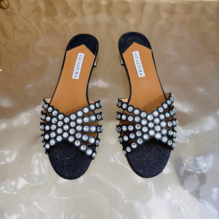AQUAZZURA 26S SLIDES IN BLACK LUREX FABRIC