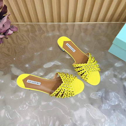 AQUAZZURA 26S SLIDES IN YELLOW CALFSKIN CRYSTAL-EMBELLISHED STRAPS