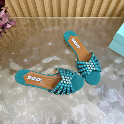 AQUAZZURA 26S SLIDES IN EMERALD GREEN SUEDE CRYSTAL-EMBELLISHED STRAPS