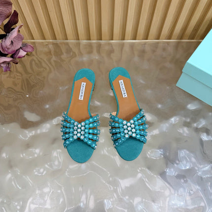 AQUAZZURA 26S SLIDES IN EMERALD GREEN SUEDE CRYSTAL-EMBELLISHED STRAPS