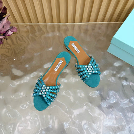 AQUAZZURA 26S SLIDES IN EMERALD GREEN SUEDE CRYSTAL-EMBELLISHED STRAPS