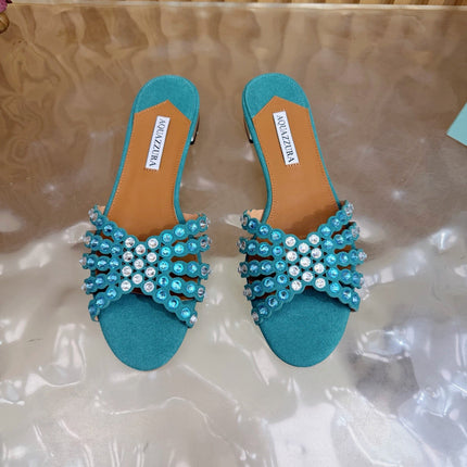 AQUAZZURA 26S SLIDES IN EMERALD GREEN SUEDE CRYSTAL-EMBELLISHED STRAPS
