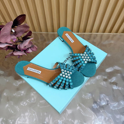 AQUAZZURA 26S SLIDES IN EMERALD GREEN SUEDE CRYSTAL-EMBELLISHED STRAPS