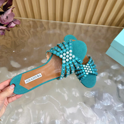 AQUAZZURA 26S SLIDES IN EMERALD GREEN SUEDE CRYSTAL-EMBELLISHED STRAPS