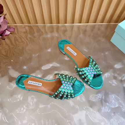 AQUAZZURA 26S SLIDES IN EMERALD GREEN SNAKESKIN EMBOSSED LEATHER