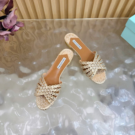 AQUAZZURA 26S SLIDES IN LIGHT GOLD EMBOSSED LEATHER 