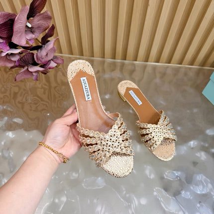 AQUAZZURA 26S SLIDES IN LIGHT GOLD EMBOSSED LEATHER 