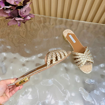 AQUAZZURA 26S SLIDES IN LIGHT GOLD EMBOSSED LEATHER 
